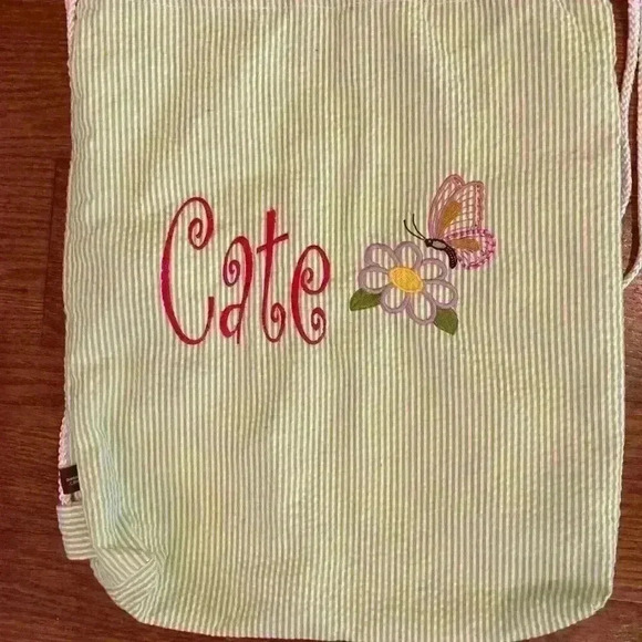 Sling Backpack Green Seersucker Monogrammed Cate butterflies - Picture 9 of 9